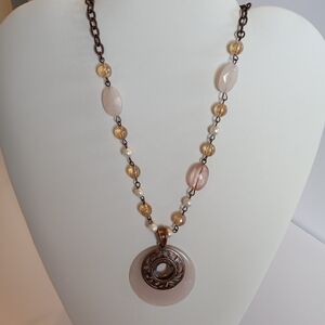 Elegant Rose Copper Gold Pendant Necklace Pink/White Beads Delicate Beautiful